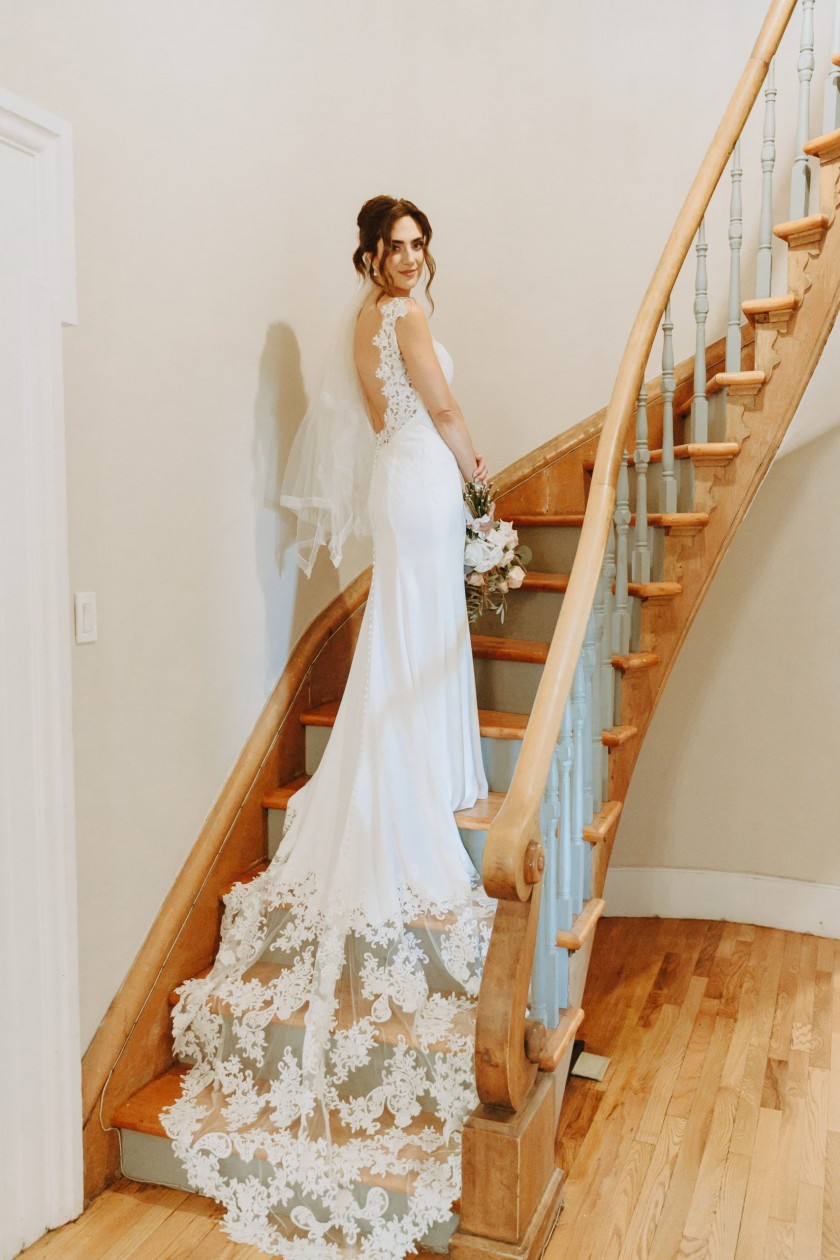 farmhouse bridal portrait on staircase- strathmere bride
