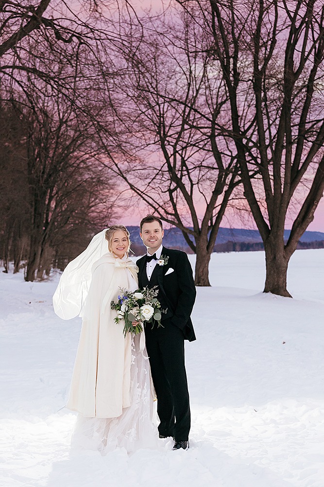 Winter wedding photography at Chateau Montebello Couple's portrait in sunset