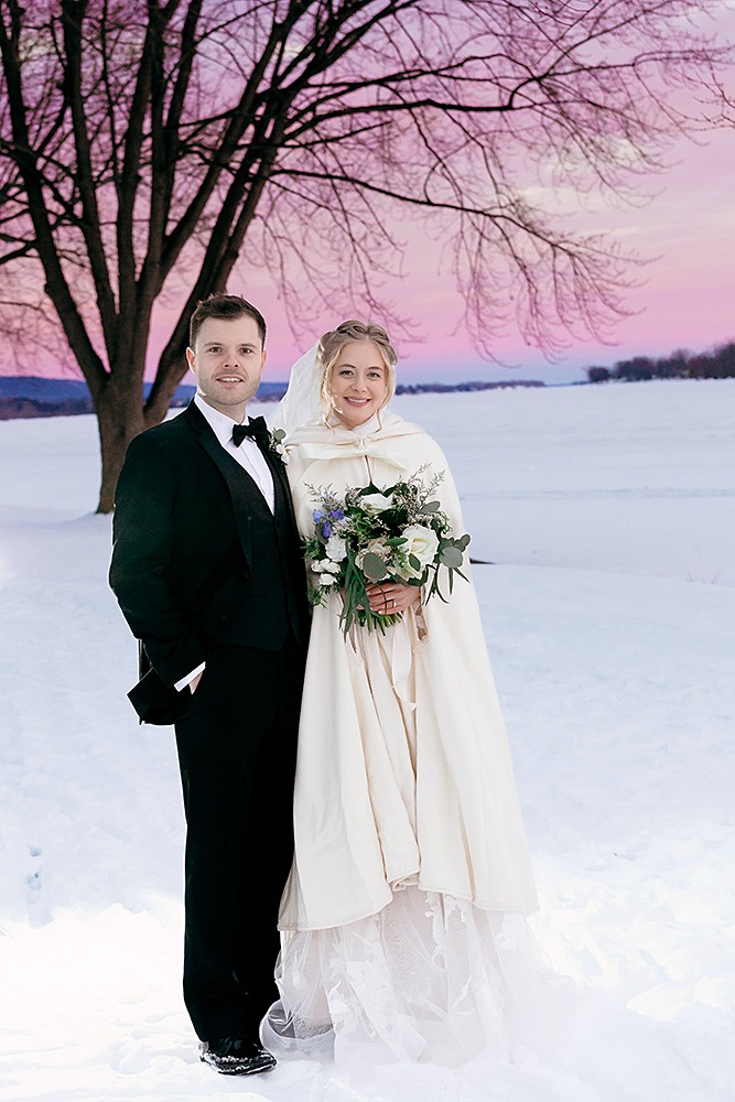Winter wedding photography at Chateau Montebello Couple's portrait in sunset