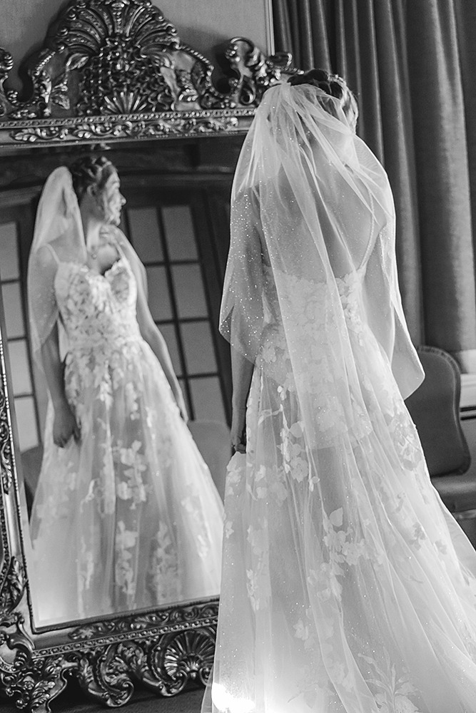 Winter wedding bride with mirror blackandwhite photo