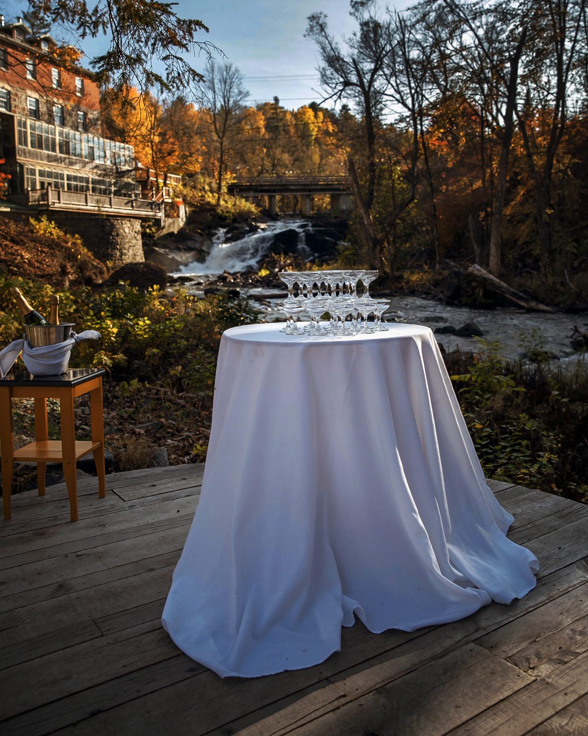 champagne tower Intimate fall wedding at Wakefield Mill in October sunshine