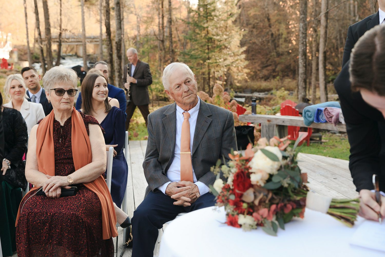 Just married moment under fall leaves