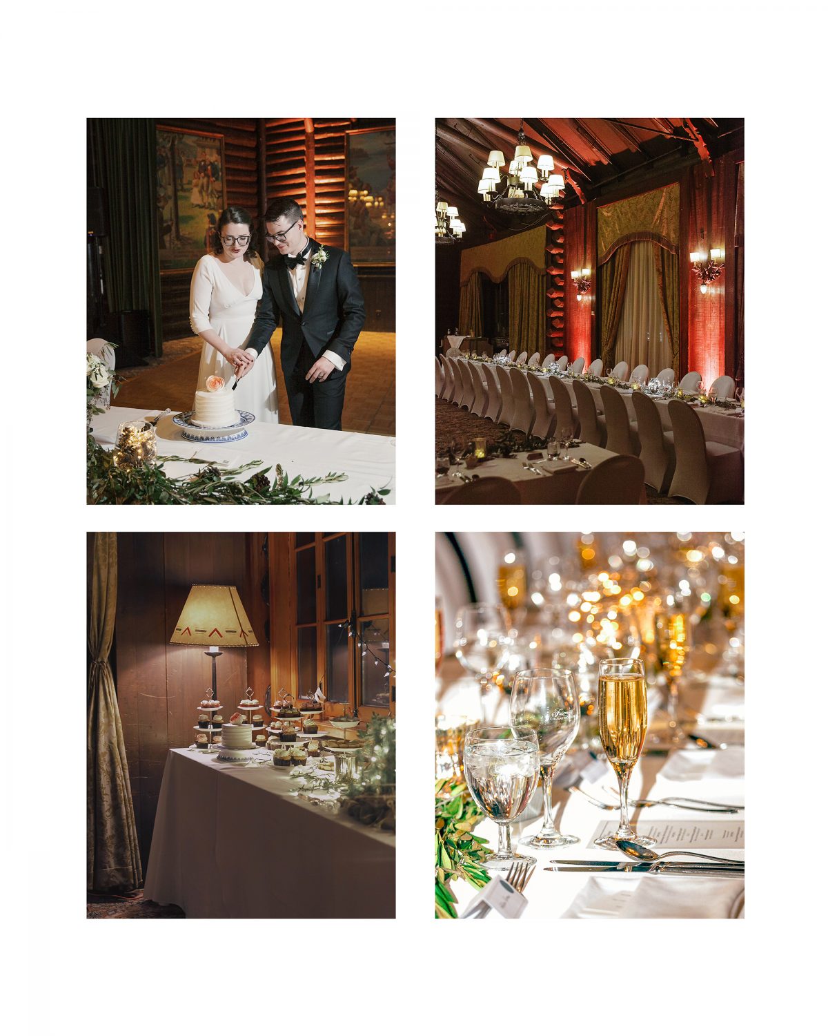 Winter wedding reception decor Canada Room Chateau Montebello