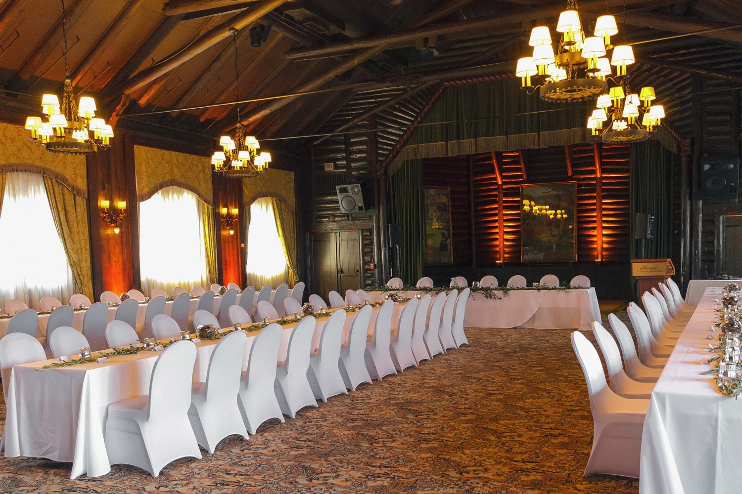 Winter wedding reception decor Canada Room Chateau Montebello
