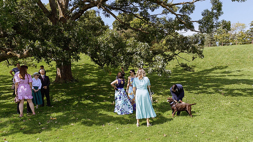 GUest arriving to a micro wedding ceremony at the Ottawa Arboretum