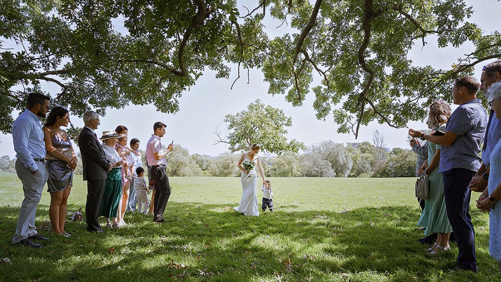 Micro wedding Bride is arriving to the intimate ottawa wedding ceremony  at the arboretum 